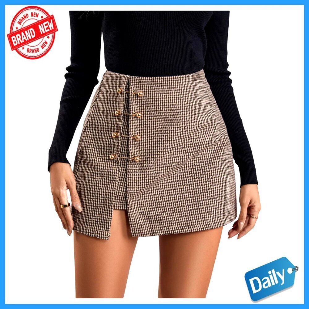 High Waisted Faux Leather Skirt Side Slit Metallic Trim A-Line Short
